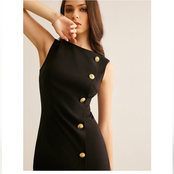 Commense Black Mini Dress Gold Button Sleeveless Fitted Bodycon Cocktail Party - Picture 2 of 3